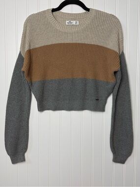 Hollister XS Cropped Color Block Sweater Neutral Striped Cozy Knit